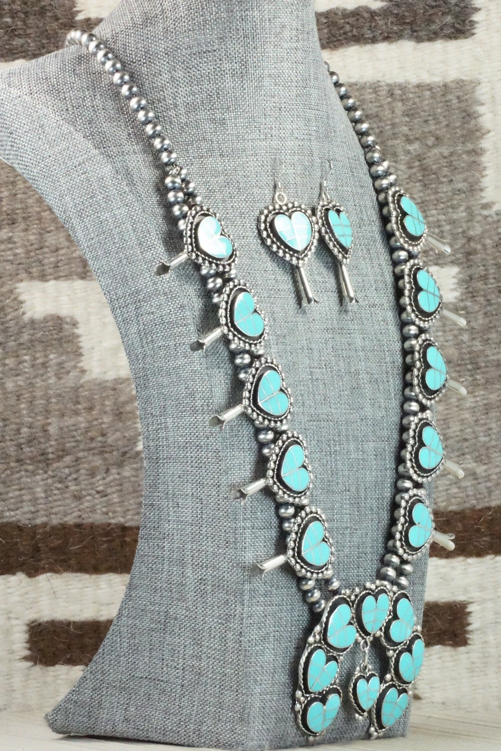 Turquoise & Sterling Silver Squash Blossom Necklace and Earrings - Faye Lowsayatee