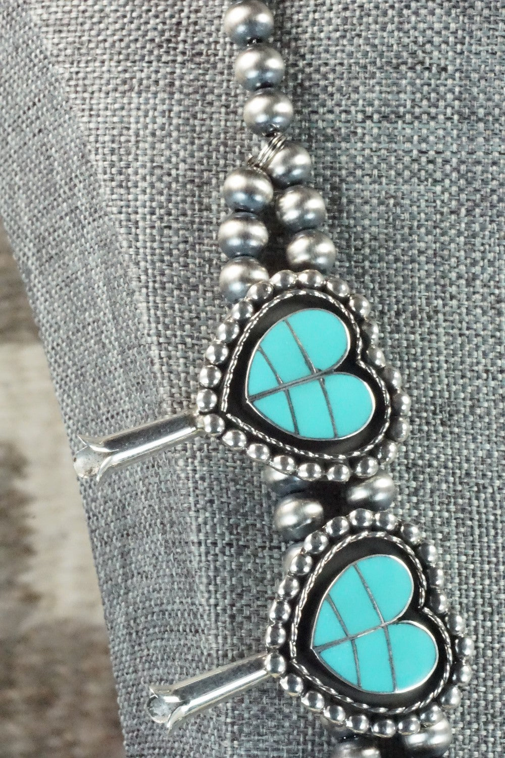 Turquoise & Sterling Silver Squash Blossom Necklace and Earrings - Faye Lowsayatee