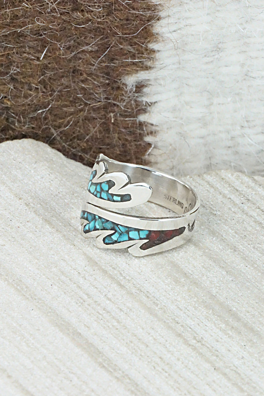 Turquoise, Coral & Sterling Silver Ring - Jolene Yazzie - Size 7.5