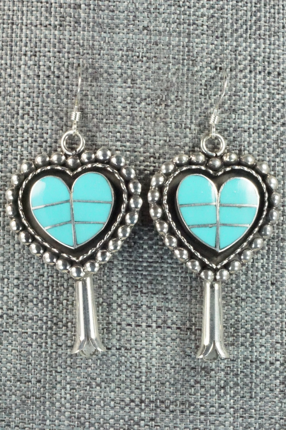 Turquoise & Sterling Silver Squash Blossom Necklace and Earrings - Faye Lowsayatee