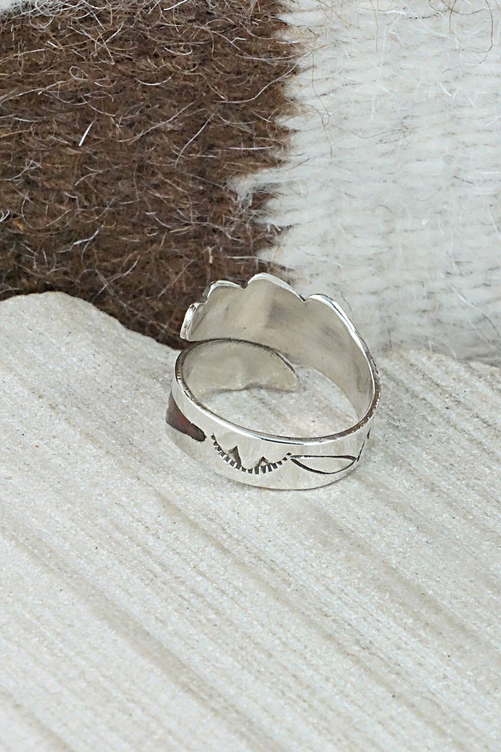 Turquoise, Coral & Sterling Silver Ring - Jolene Yazzie - Size 7.5