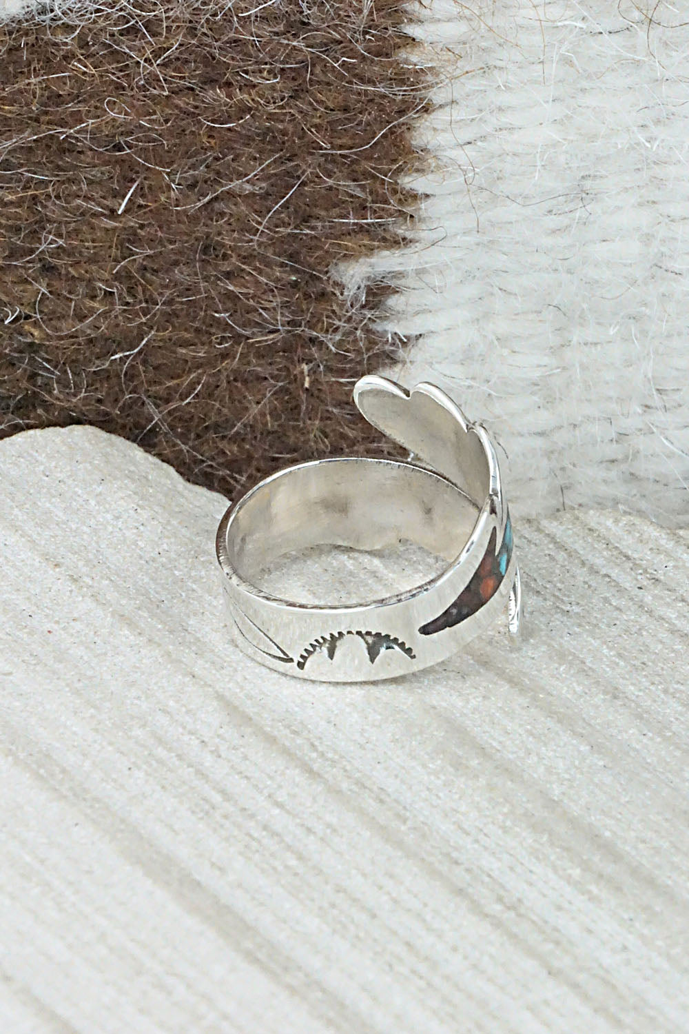 Turquoise, Coral & Sterling Silver Ring - Jolene Yazzie - Size 7.5