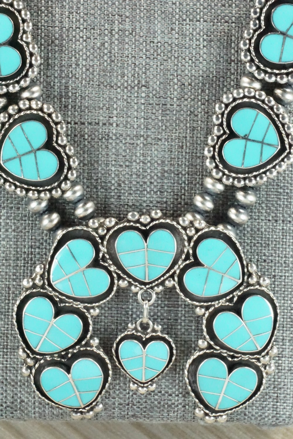 Turquoise & Sterling Silver Squash Blossom Necklace and Earrings - Faye Lowsayatee