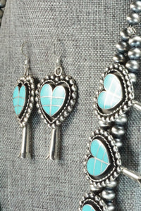 Turquoise & Sterling Silver Squash Blossom Necklace and Earrings - Faye Lowsayatee