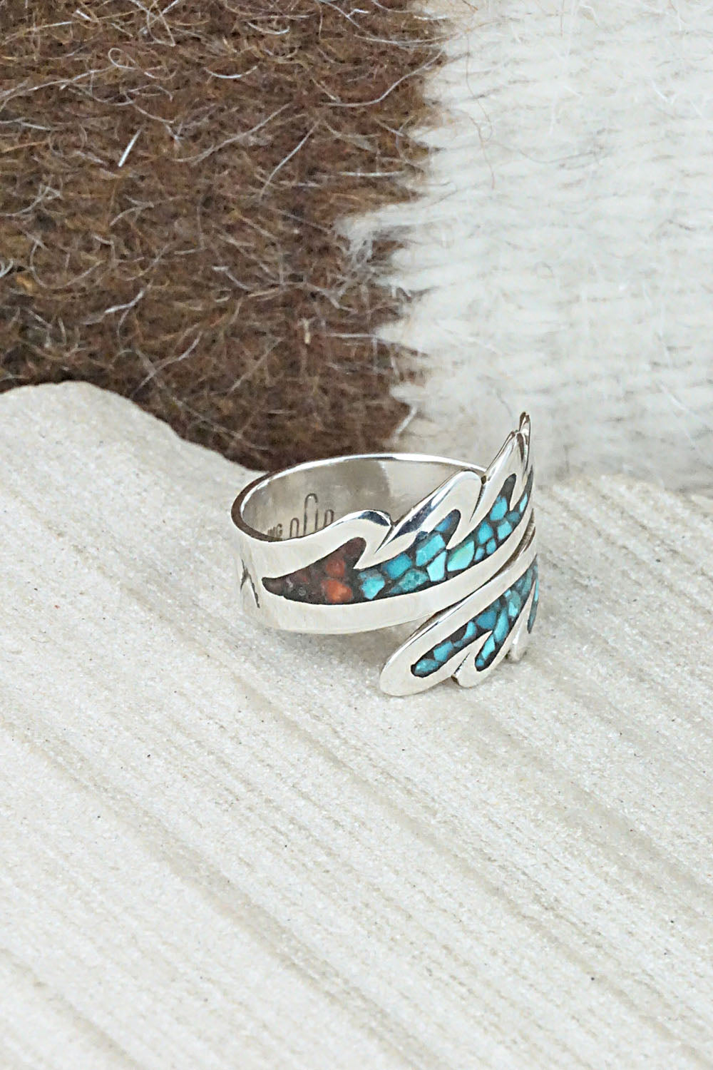 Turquoise, Coral & Sterling Silver Ring - Jolene Yazzie - Size 7.5