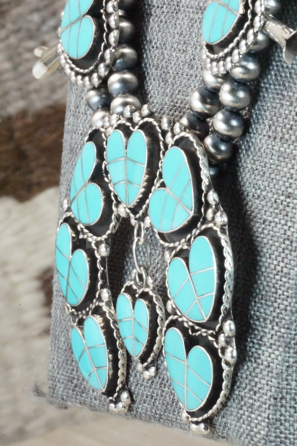 Turquoise & Sterling Silver Squash Blossom Necklace and Earrings - Faye Lowsayatee