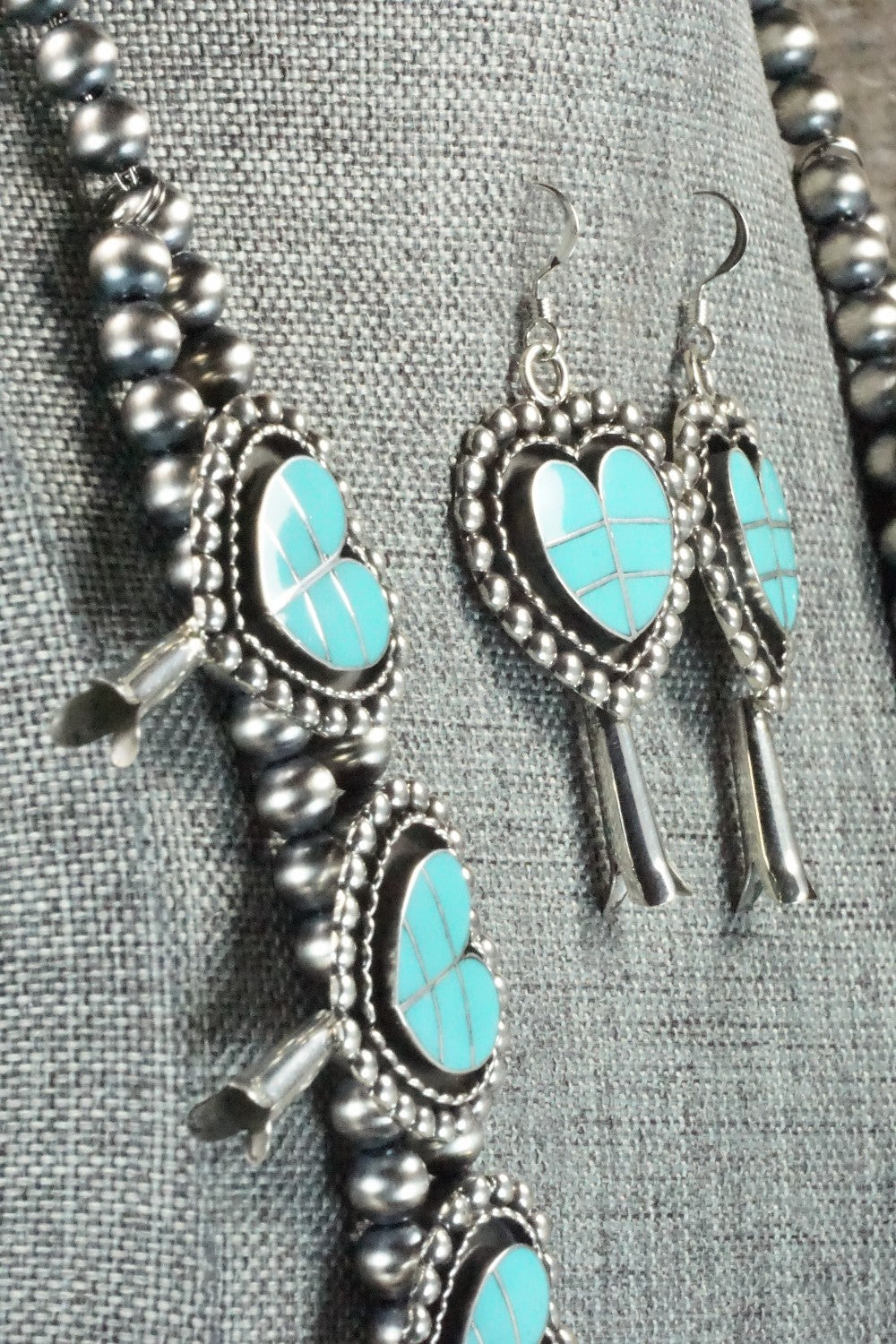 Turquoise & Sterling Silver Squash Blossom Necklace and Earrings - Faye Lowsayatee