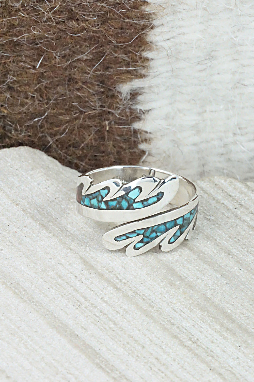 Turquoise, Coral & Sterling Silver Ring - Jolene Yazzie - Size 9