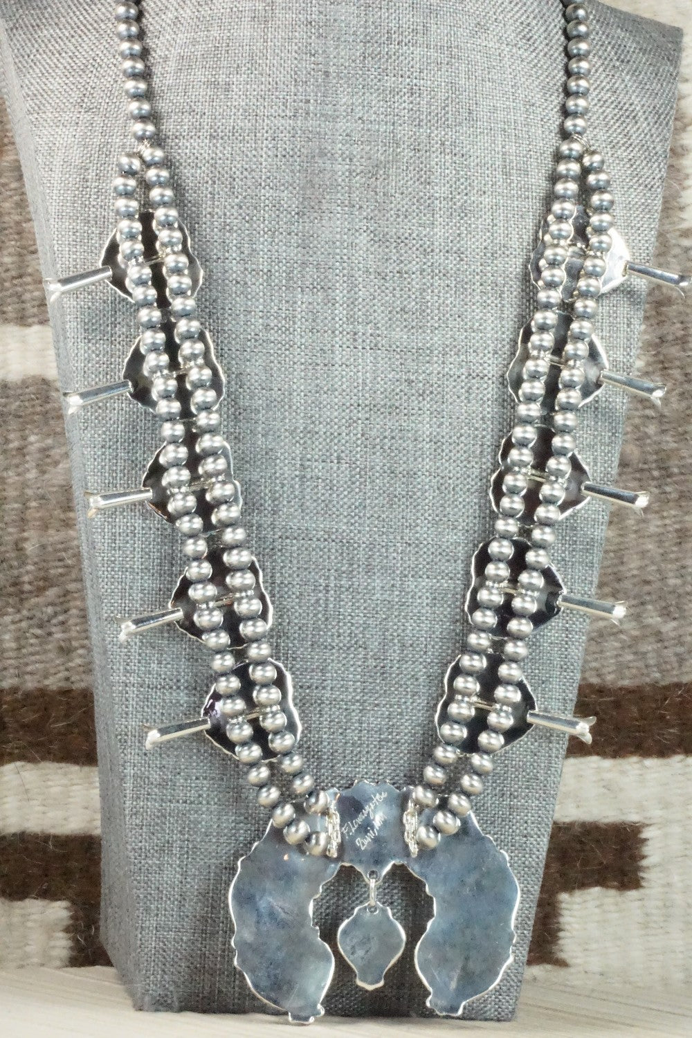 Turquoise & Sterling Silver Squash Blossom Necklace and Earrings - Faye Lowsayatee
