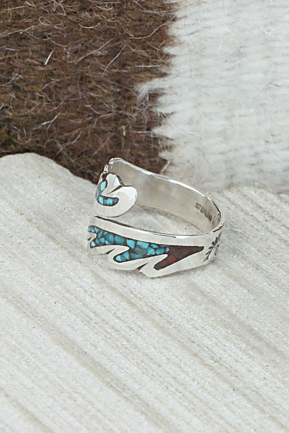 Turquoise, Coral & Sterling Silver Ring - Jolene Yazzie - Size 9