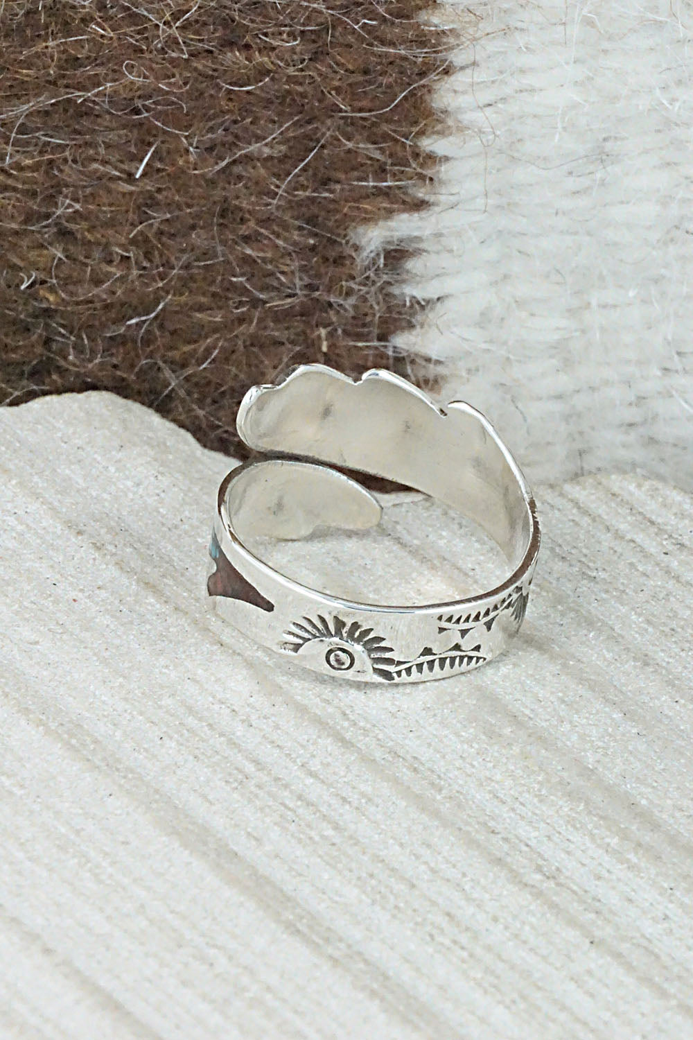 Turquoise, Coral & Sterling Silver Ring - Jolene Yazzie - Size 9