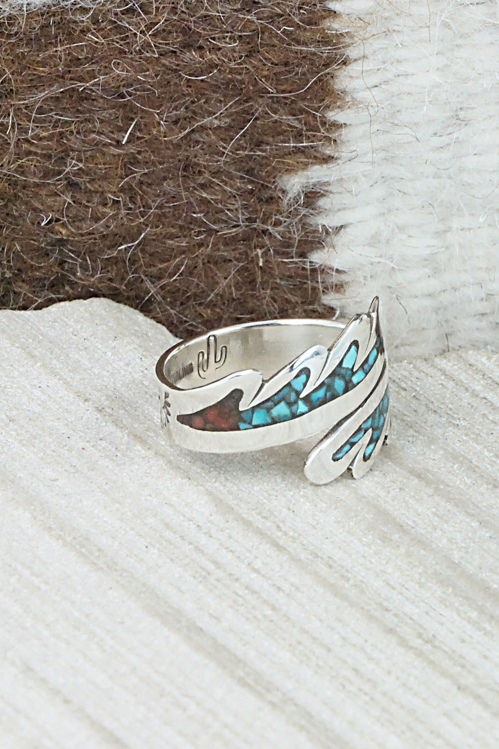 Turquoise, Coral & Sterling Silver Ring - Jolene Yazzie - Size 9