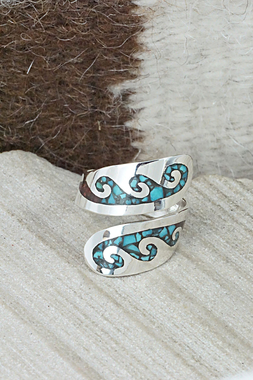 Turquoise, Coral & Sterling Silver Ring - Jolene Yazzie - Size 6.5