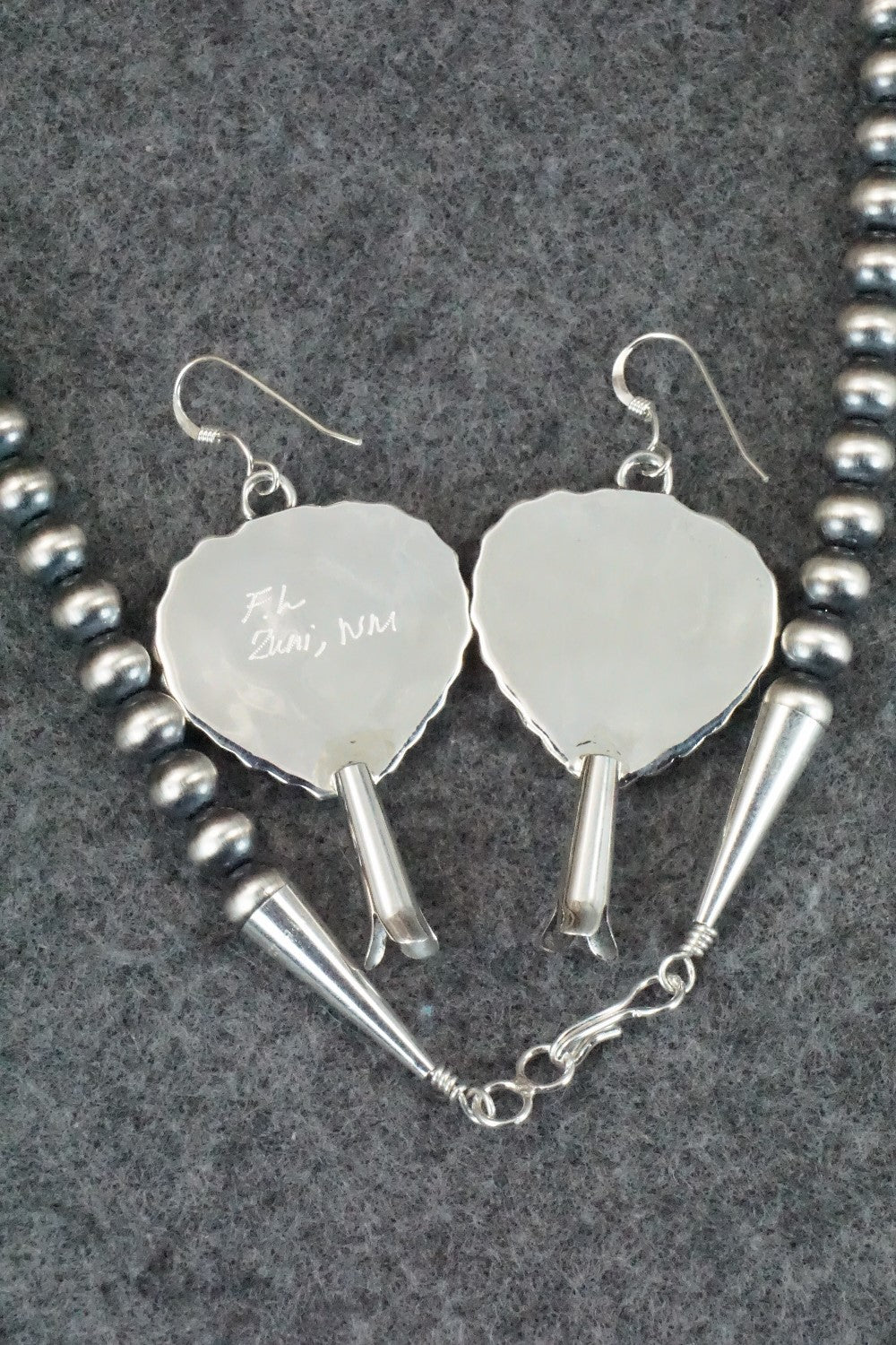 Turquoise & Sterling Silver Squash Blossom Necklace and Earrings - Faye Lowsayatee