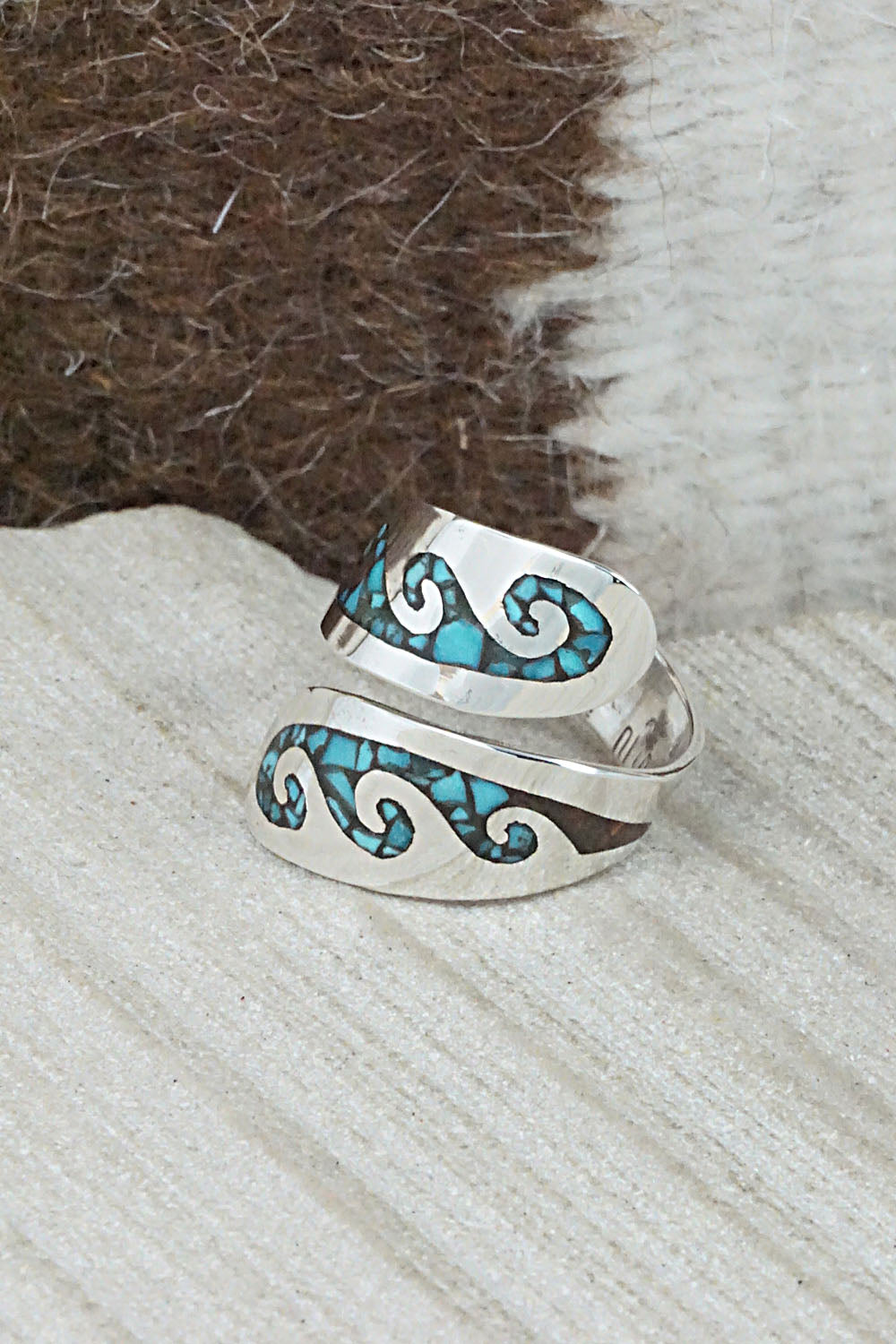 Turquoise, Coral & Sterling Silver Ring - Jolene Yazzie - Size 6.5