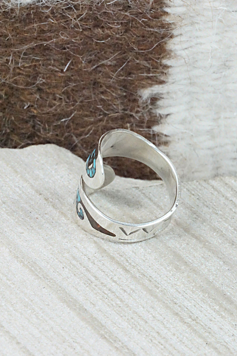 Turquoise, Coral & Sterling Silver Ring - Jolene Yazzie - Size 6.5