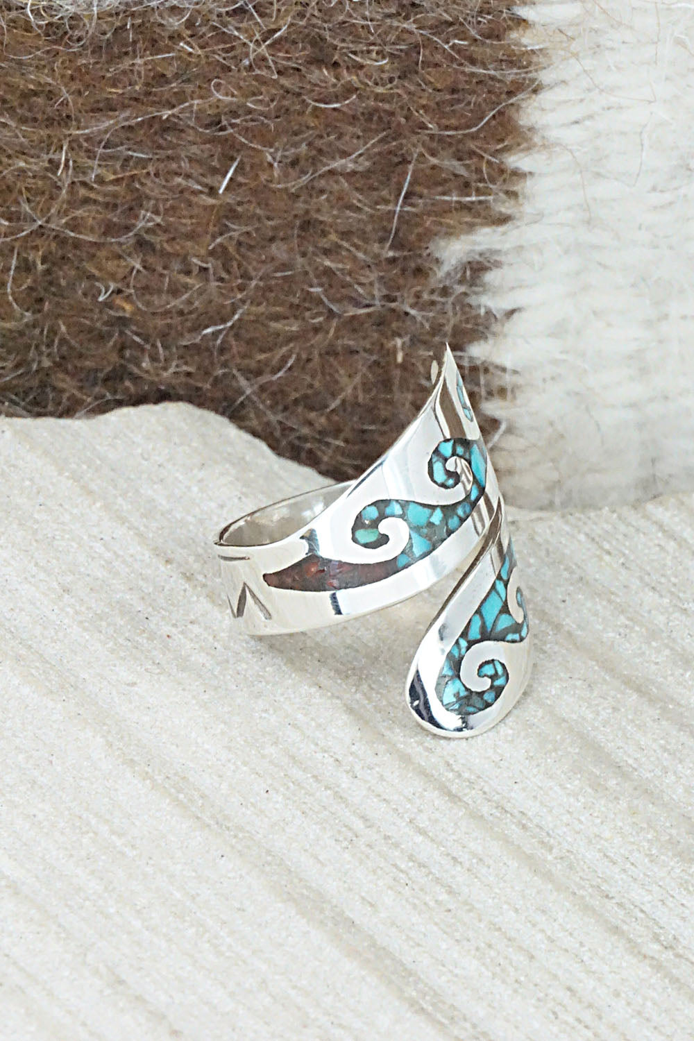 Turquoise, Coral & Sterling Silver Ring - Jolene Yazzie - Size 6.5