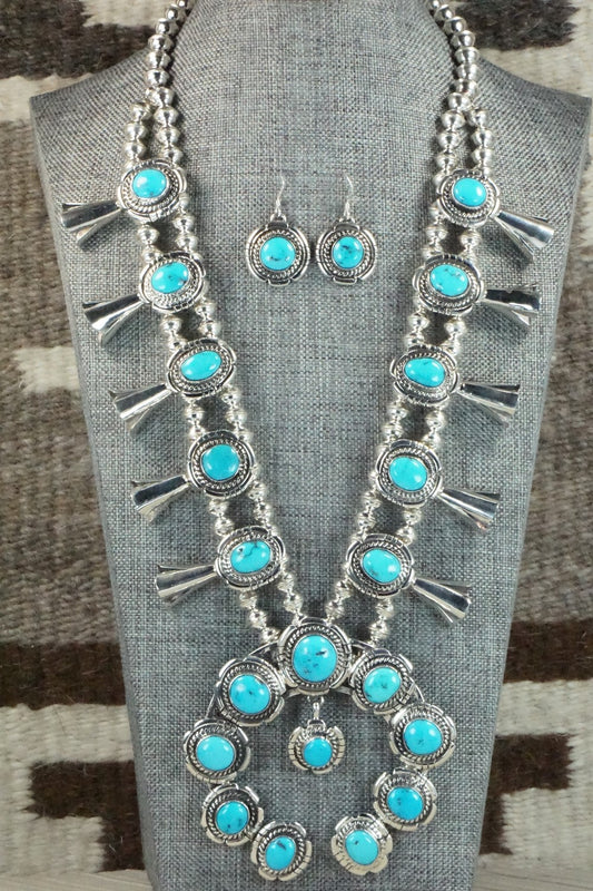 Turquoise & Sterling Silver Squash Blossom and Earrings - Vernon Johnson
