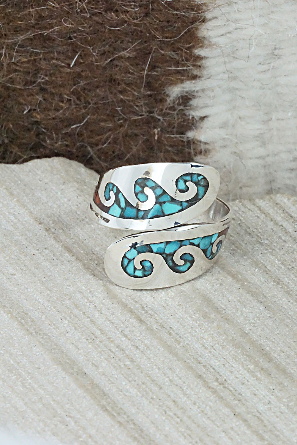 Turquoise, Coral & Sterling Silver Ring - Jolene Yazzie - Size 8.5