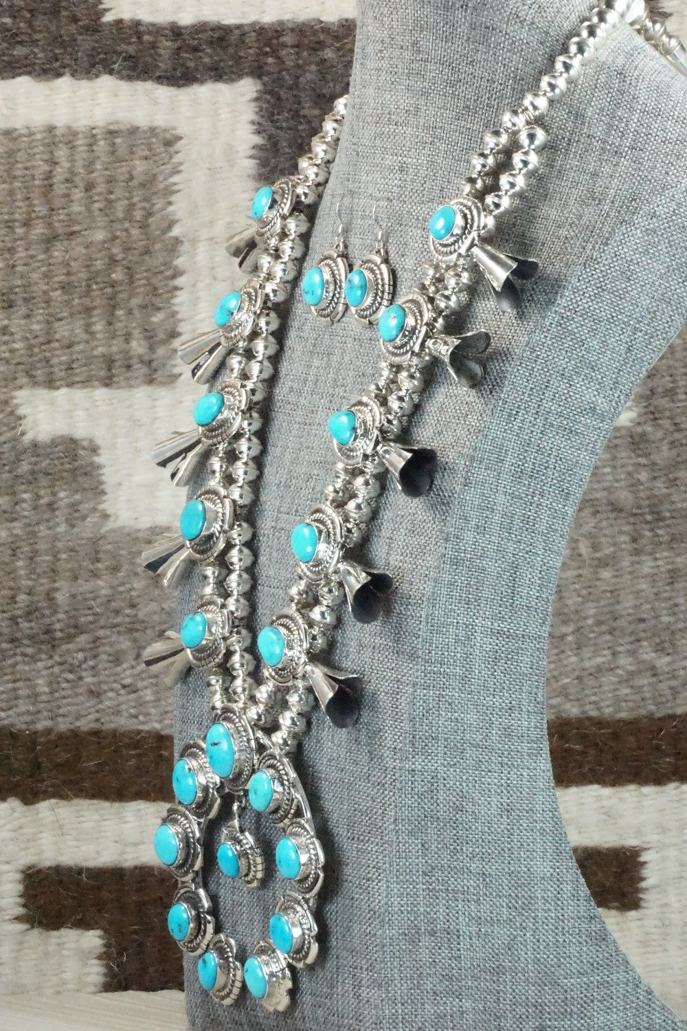 Turquoise & Sterling Silver Squash Blossom and Earrings - Vernon Johnson