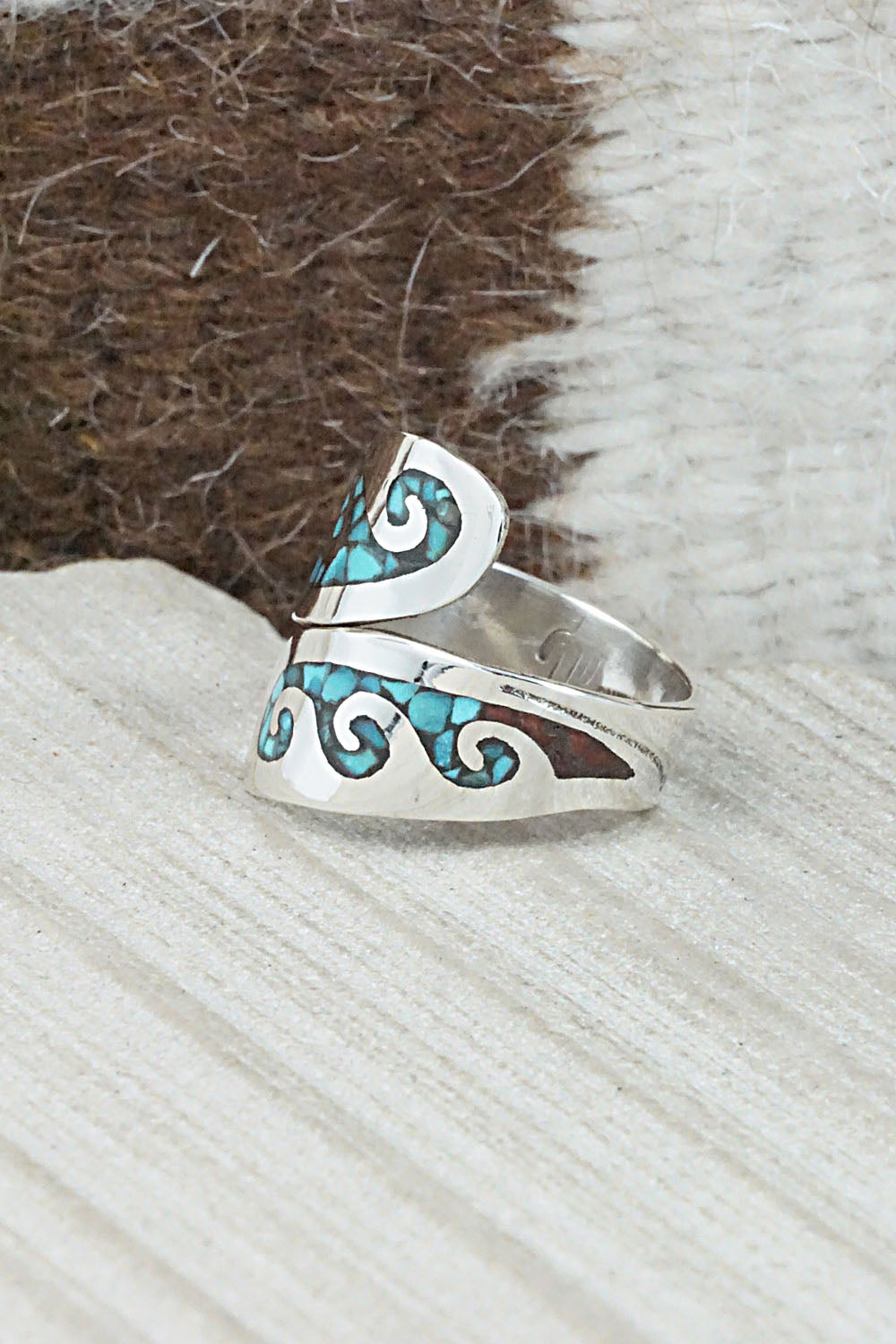 Turquoise, Coral & Sterling Silver Ring - Jolene Yazzie - Size 8.5