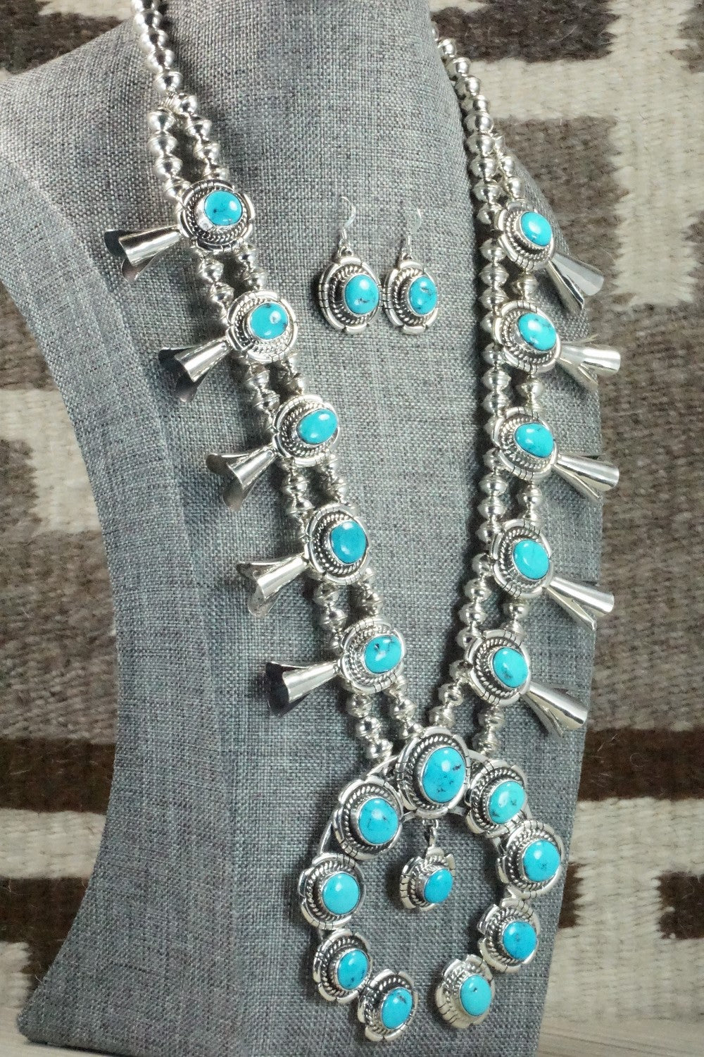 Turquoise & Sterling Silver Squash Blossom and Earrings - Vernon Johnson