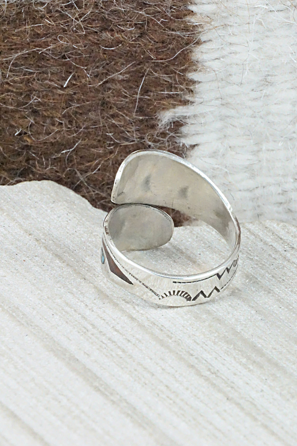 Turquoise, Coral & Sterling Silver Ring - Jolene Yazzie - Size 8.5