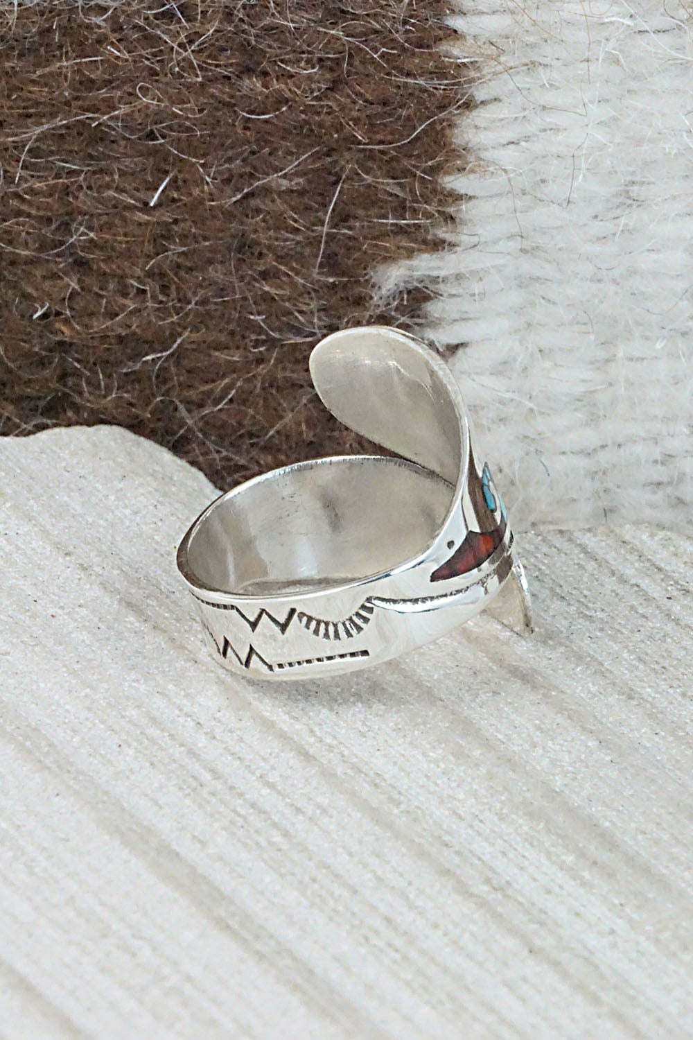 Turquoise, Coral & Sterling Silver Ring - Jolene Yazzie - Size 8.5