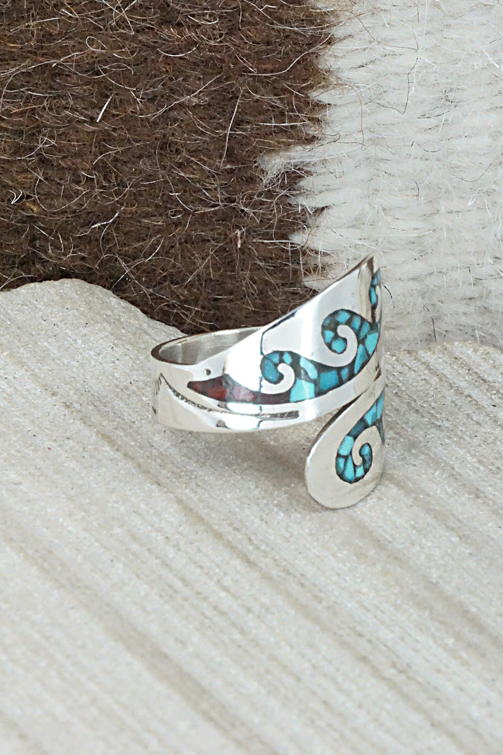 Turquoise, Coral & Sterling Silver Ring - Jolene Yazzie - Size 8.5