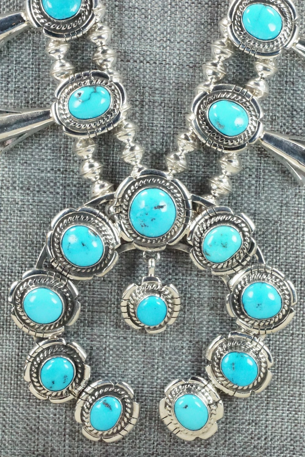 Turquoise & Sterling Silver Squash Blossom and Earrings - Vernon Johnson