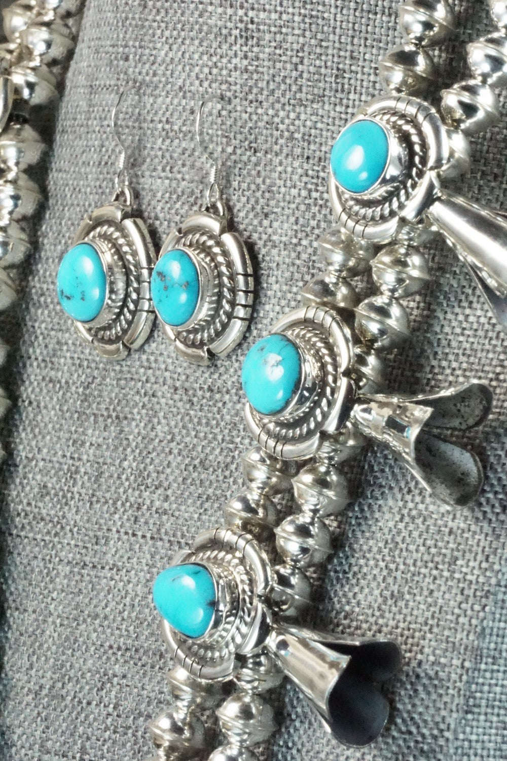 Turquoise & Sterling Silver Squash Blossom and Earrings - Vernon Johnson