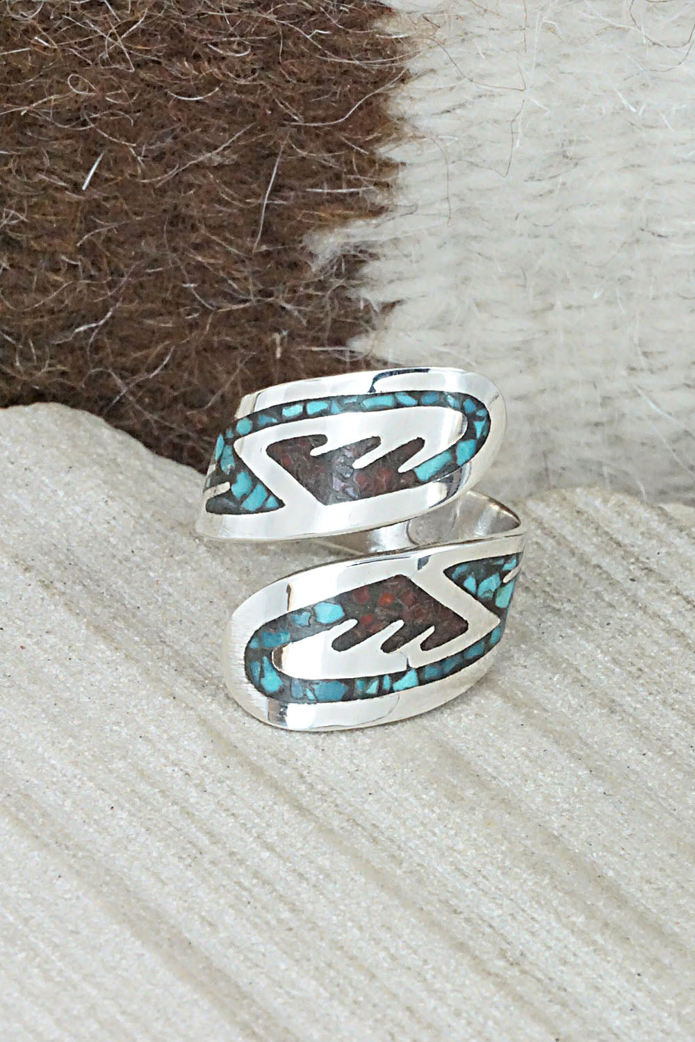 Turquoise, Coral & Sterling Silver Ring - Jolene Yazzie - Size 7.75