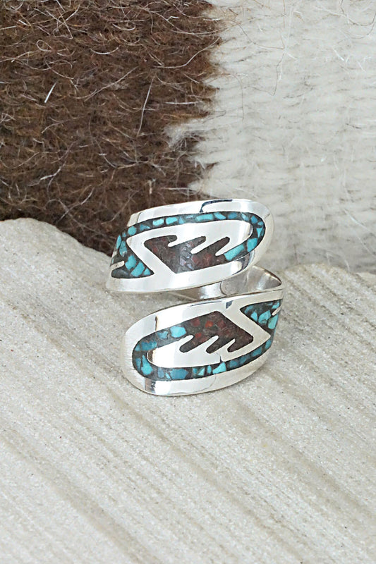 Turquoise, Coral & Sterling Silver Ring - Jolene Yazzie - Size 7.75