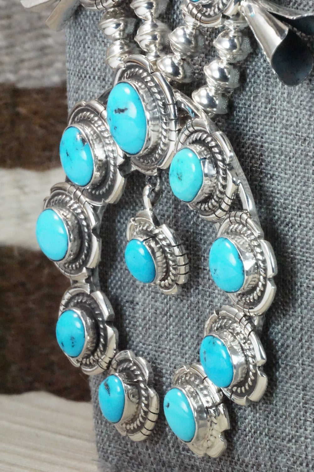 Turquoise & Sterling Silver Squash Blossom and Earrings - Vernon Johnson
