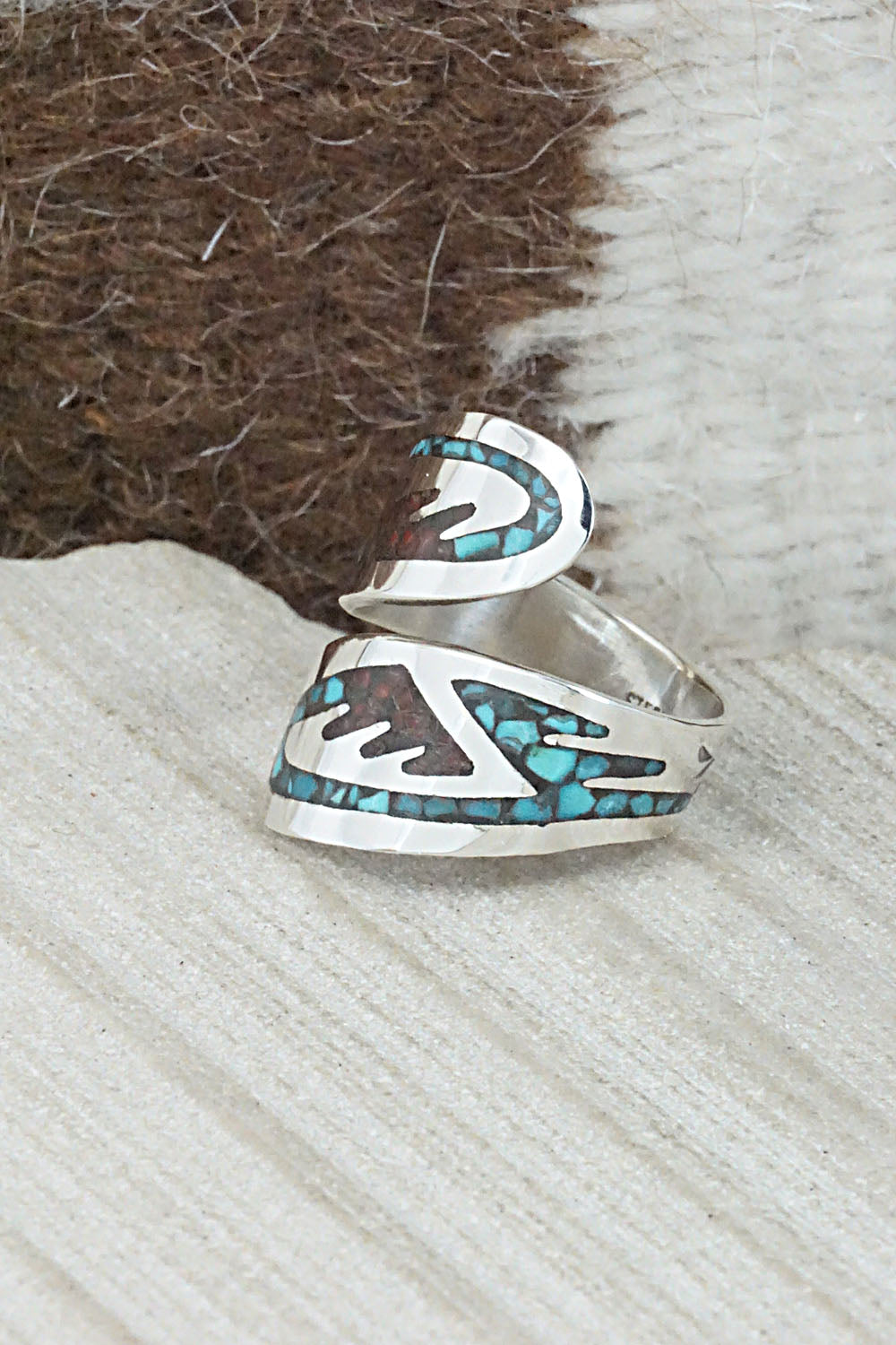 Turquoise, Coral & Sterling Silver Ring - Jolene Yazzie - Size 7.75