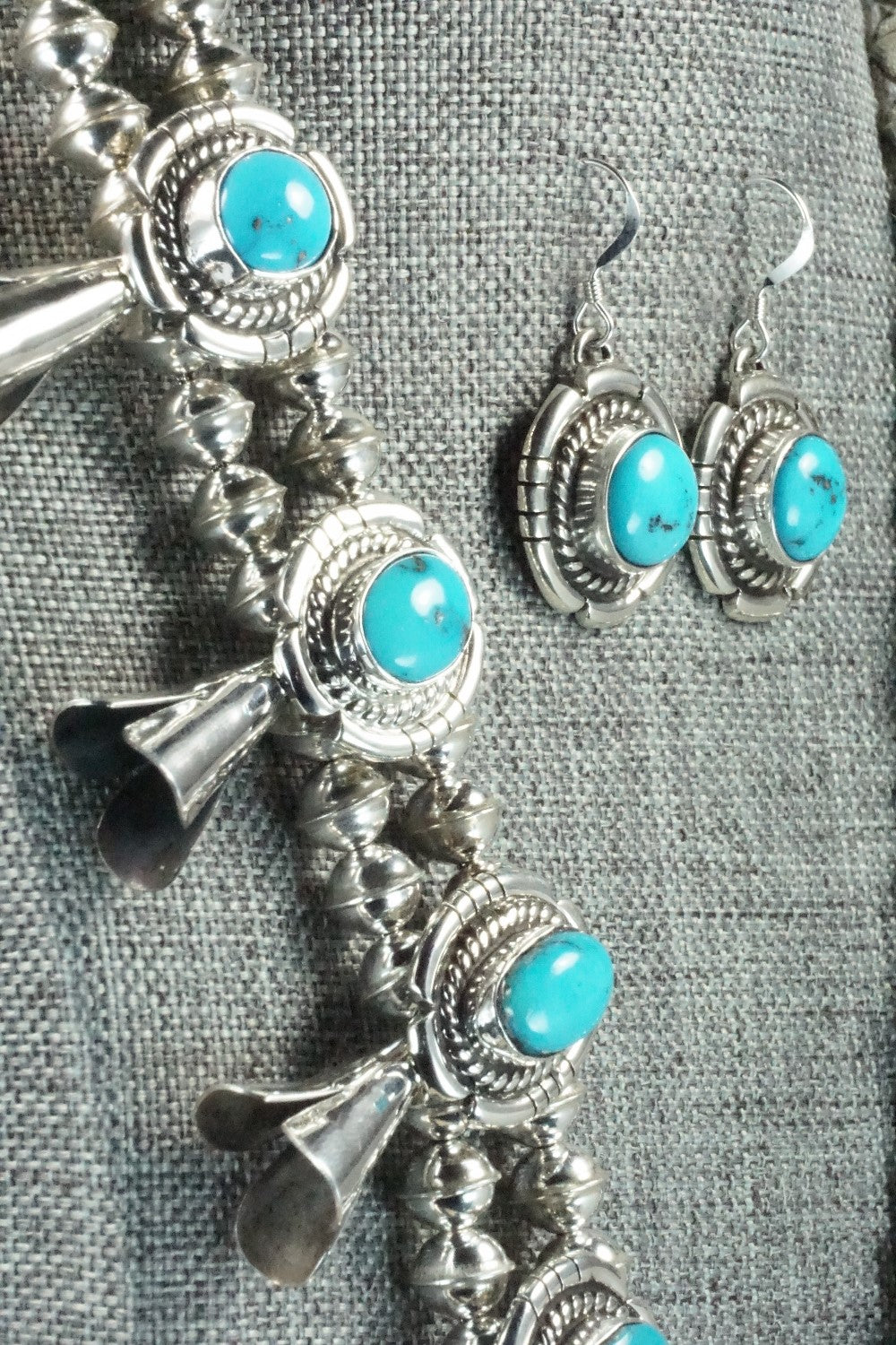 Turquoise & Sterling Silver Squash Blossom and Earrings - Vernon Johnson