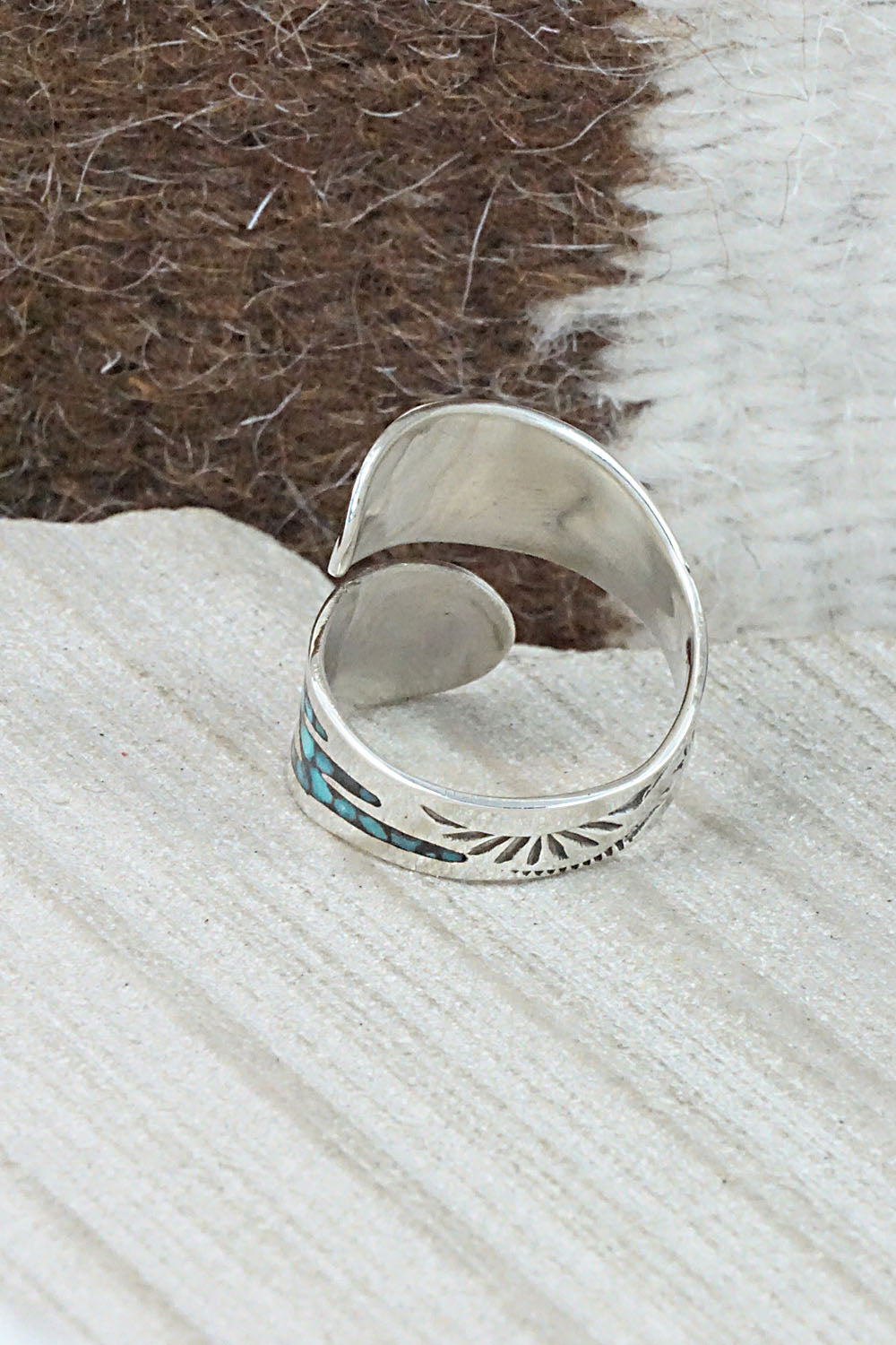 Turquoise, Coral & Sterling Silver Ring - Jolene Yazzie - Size 7.75