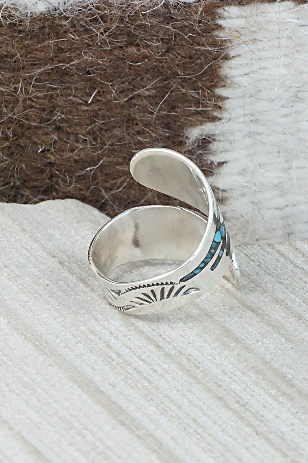 Turquoise, Coral & Sterling Silver Ring - Jolene Yazzie - Size 7.75
