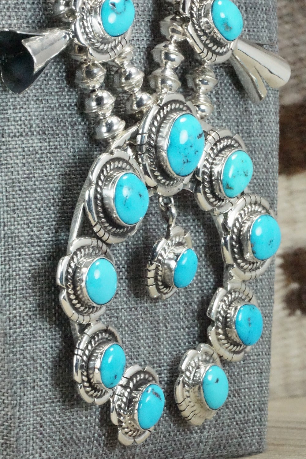 Turquoise & Sterling Silver Squash Blossom and Earrings - Vernon Johnson