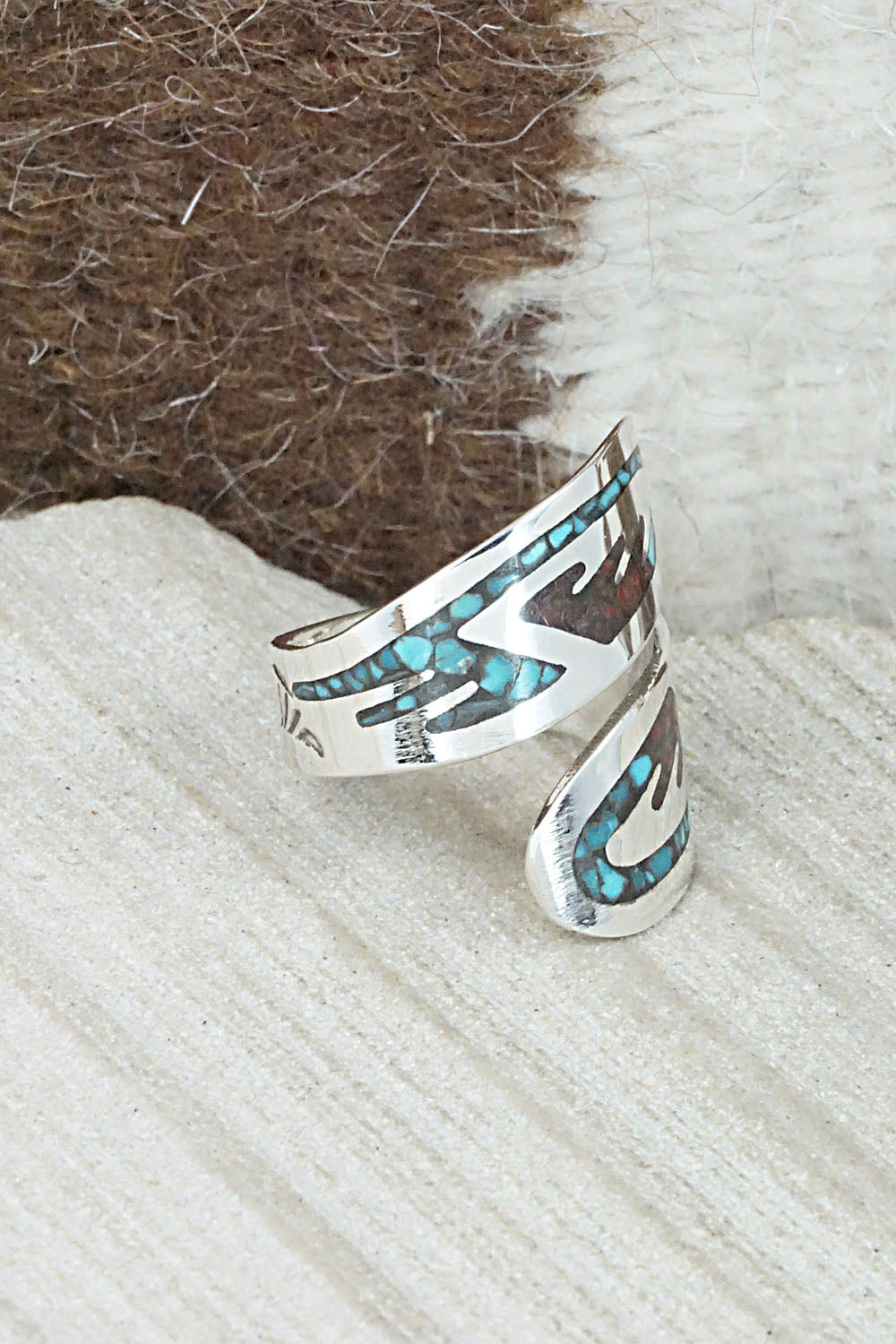 Turquoise, Coral & Sterling Silver Ring - Jolene Yazzie - Size 7.75