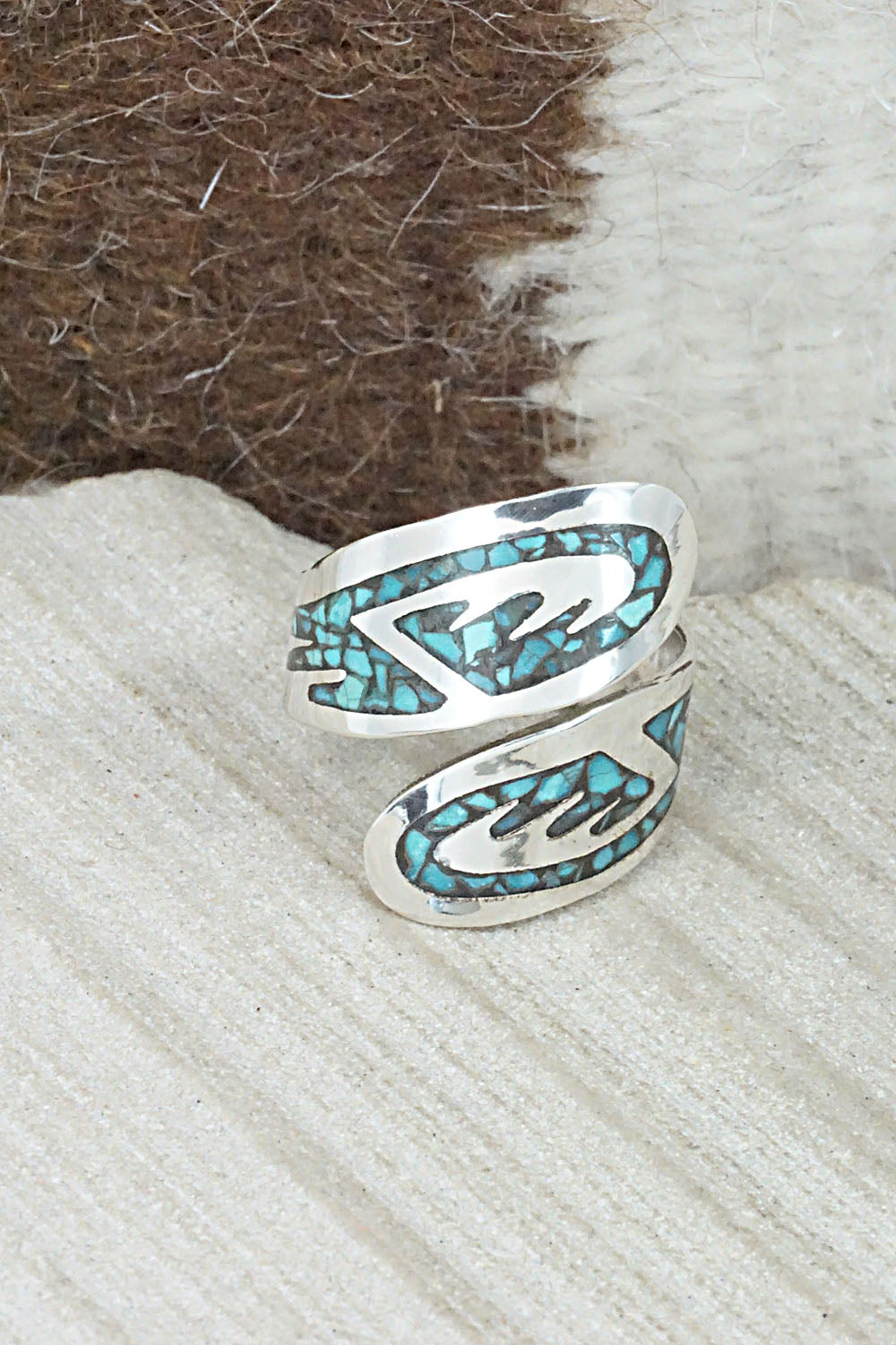 Turquoise, Coral & Sterling Silver Ring - Jolene Yazzie - Size 8.5