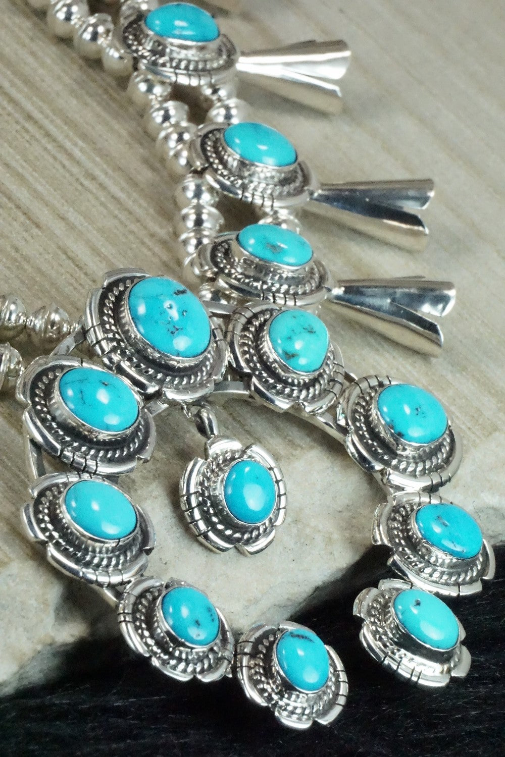 Turquoise & Sterling Silver Squash Blossom and Earrings - Vernon Johnson
