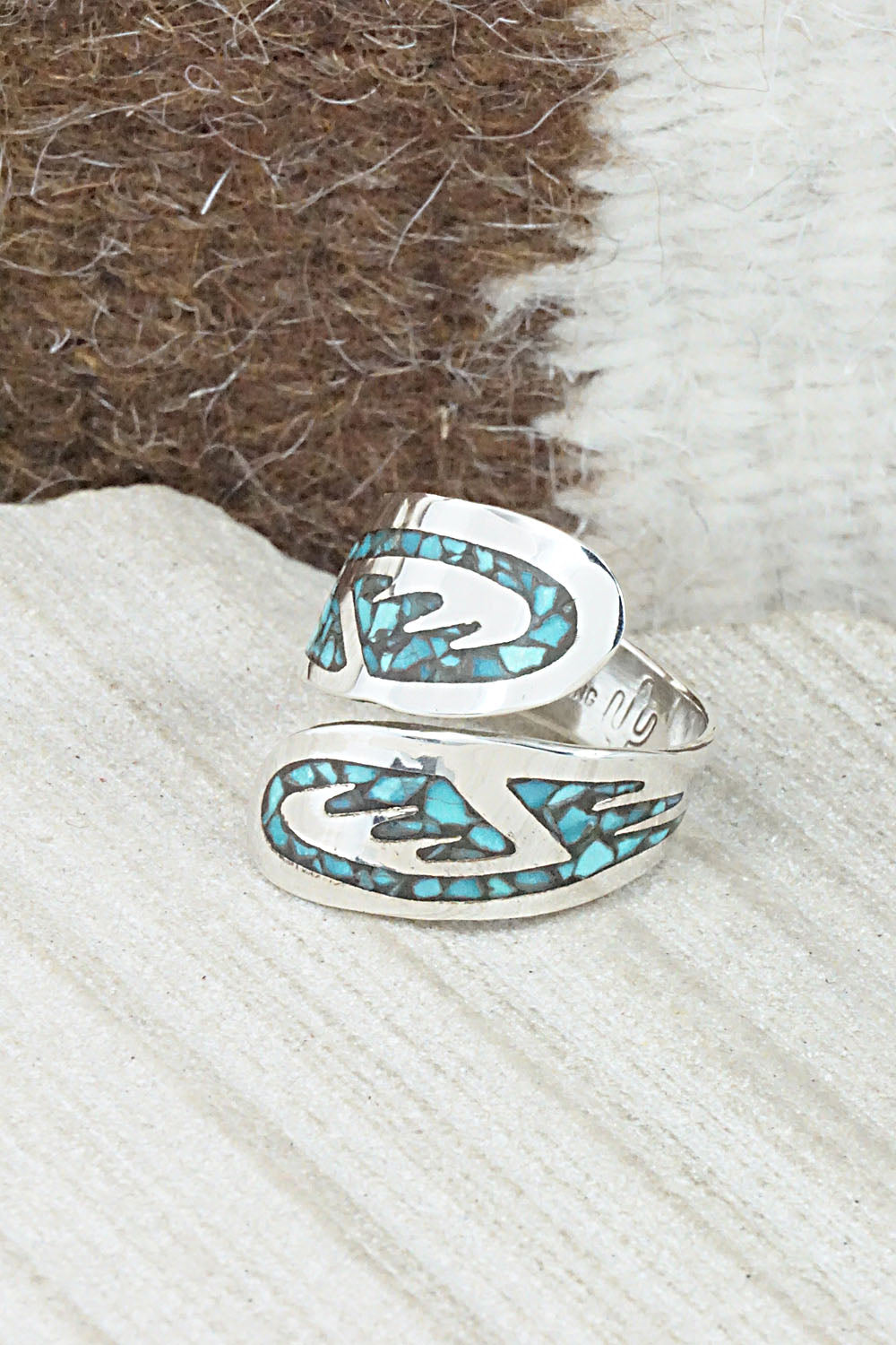 Turquoise, Coral & Sterling Silver Ring - Jolene Yazzie - Size 8.5