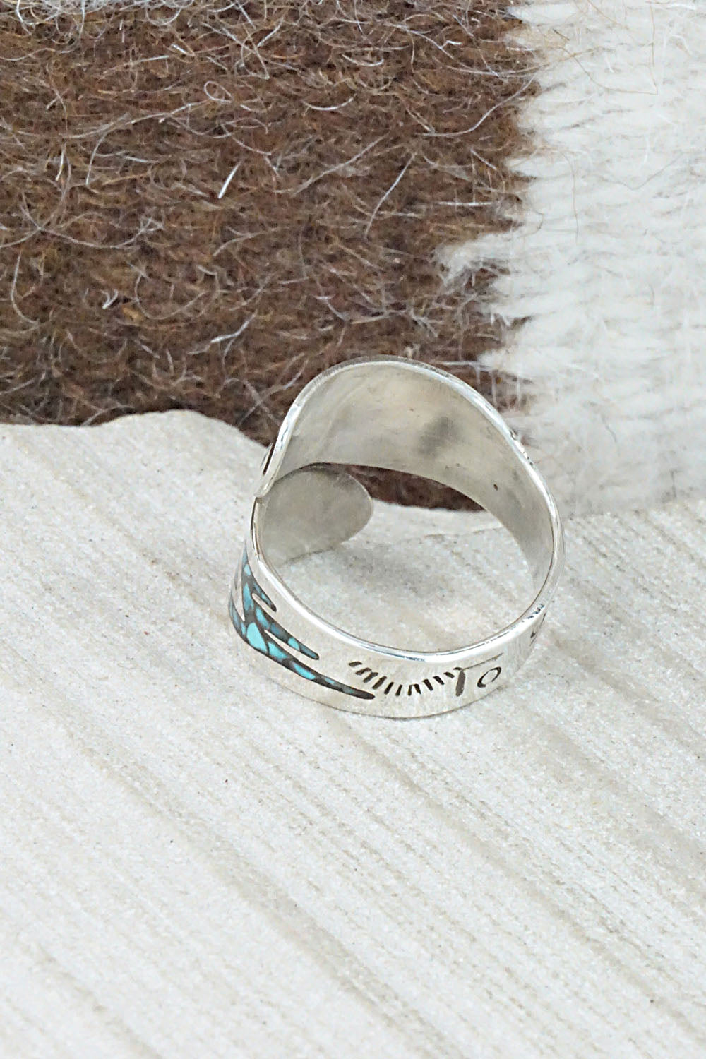 Turquoise, Coral & Sterling Silver Ring - Jolene Yazzie - Size 8.5
