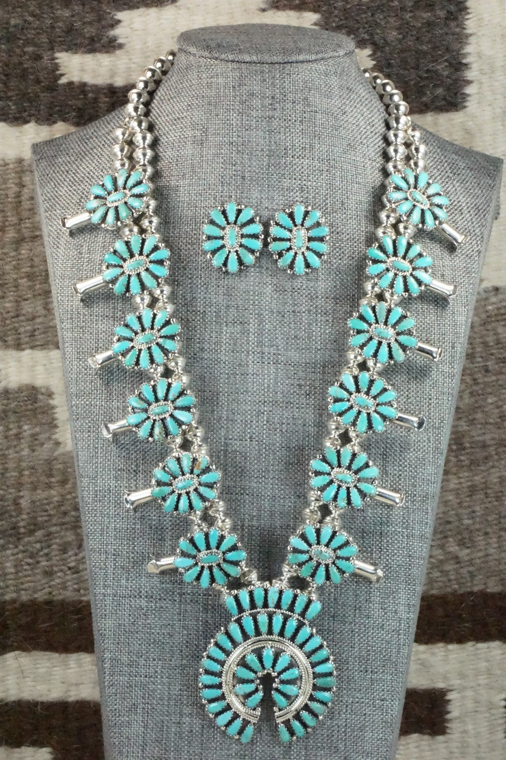 Turquoise & Sterling Silver Squash Blossom Necklace and Earrings - Zeita Begay
