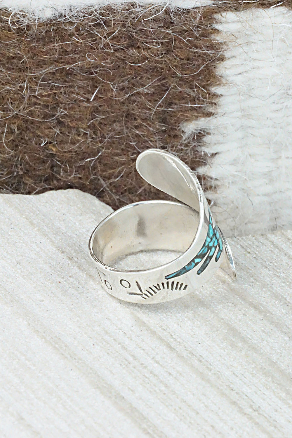 Turquoise, Coral & Sterling Silver Ring - Jolene Yazzie - Size 8.5