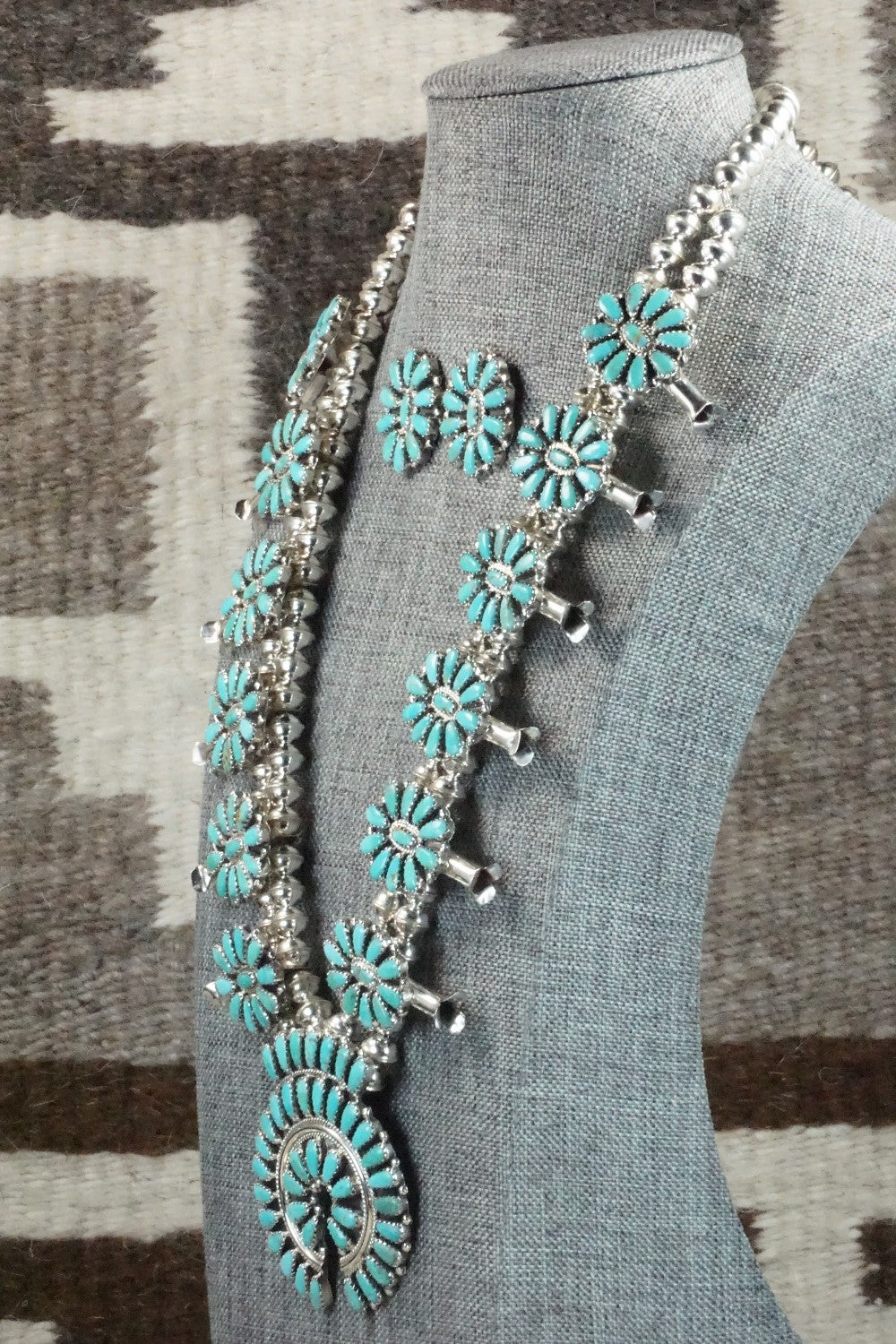 Turquoise & Sterling Silver Squash Blossom Necklace and Earrings - Zeita Begay