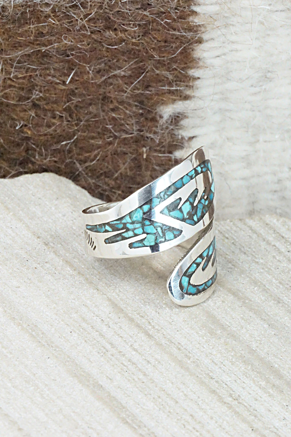 Turquoise, Coral & Sterling Silver Ring - Jolene Yazzie - Size 8.5