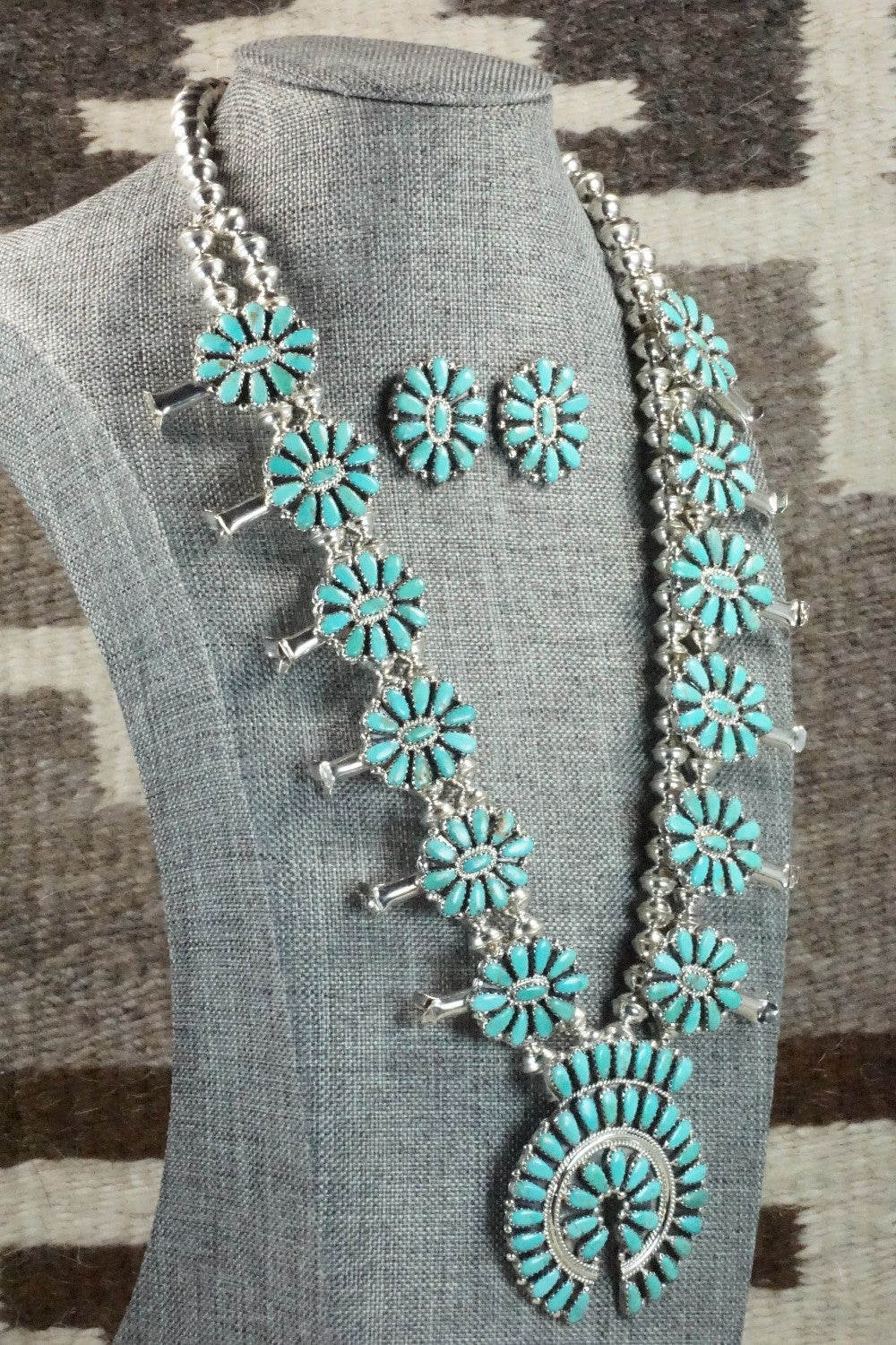 Turquoise & Sterling Silver Squash Blossom Necklace and Earrings - Zeita Begay