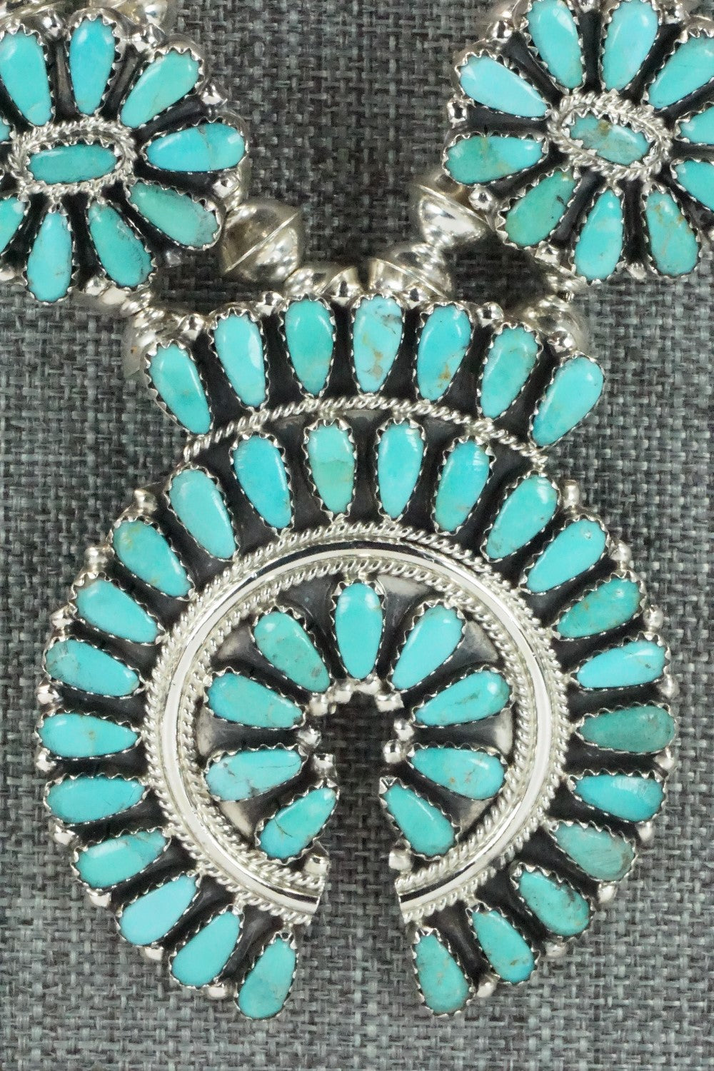 Turquoise & Sterling Silver Squash Blossom Necklace and Earrings - Zeita Begay